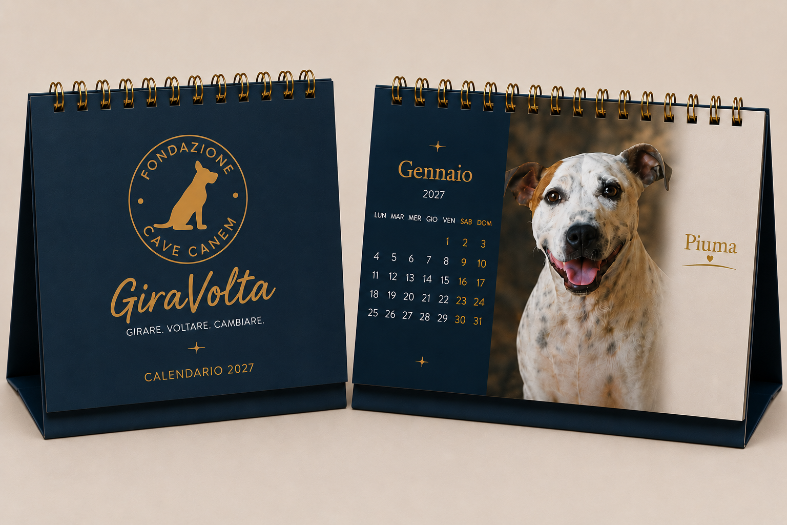 Calendario GiraVolta 2027: copertina e mese di gennaio con la cagnolina Piuma